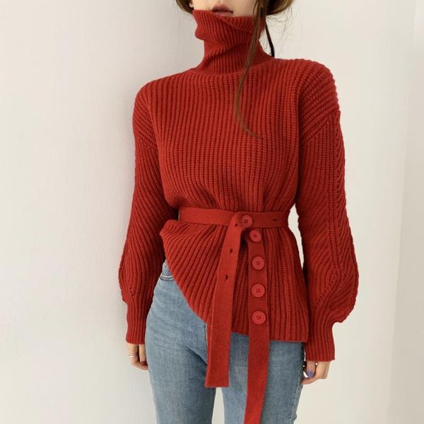 

women's sweaters winter high collar long sleeves knitted pullovers loose retro elegant women with belt, White;black