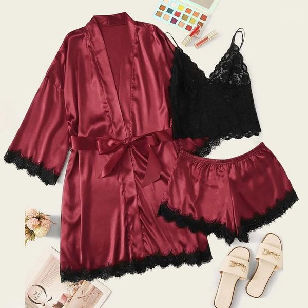 

3pcs pijamas sets women floral print pajamas set wire lace bra camisole panty and robe set female sleepwear1, Black;red