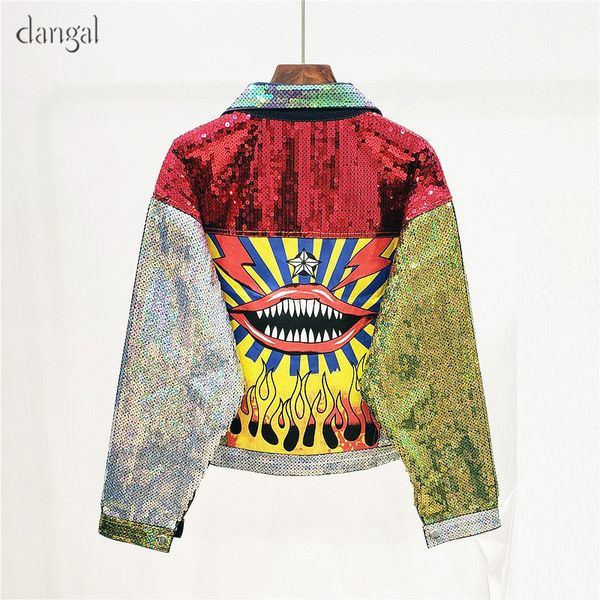 

new woman jeans jacket short sequins jacket red lips women jacket sequined coat letters o-neck out wear women college jacketx1016, Black;brown