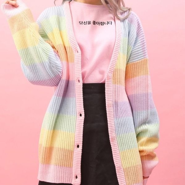 

new sweater ins autumn women new rainbow stripe age reducing loose long lazy sweater cardigan coat color contrast 201202, White;black