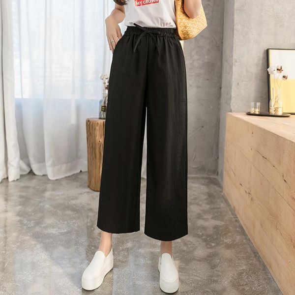 

korean high waist nine pants women casual pants loose elastic waist pockets wide leg summer solid straight female1, Black;white