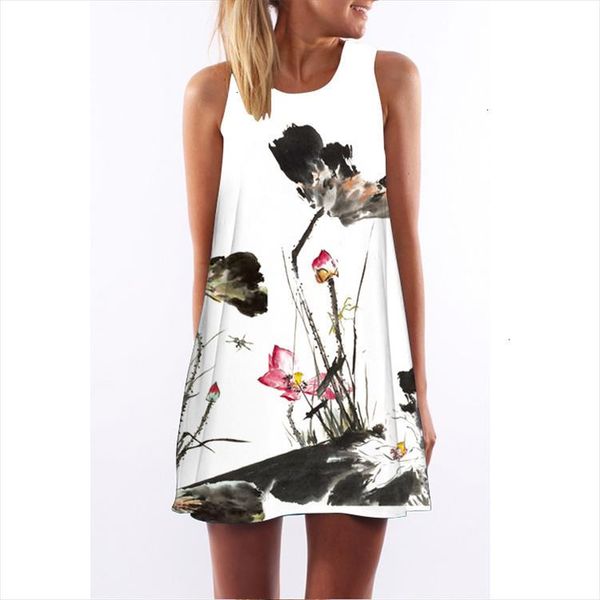 

dress summer women new arrival sleeveless brief chiffon dress a line digital print casual mini boho dresses designer clothes, Black;gray