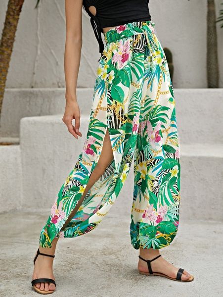 

paperbag waist split side tropical print pants w4xg#, Black;white