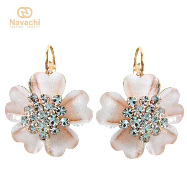 

navachi flower white acetate crystal rhinestone yellow gp ear hook leverback earrings smt1580, Golden;silver