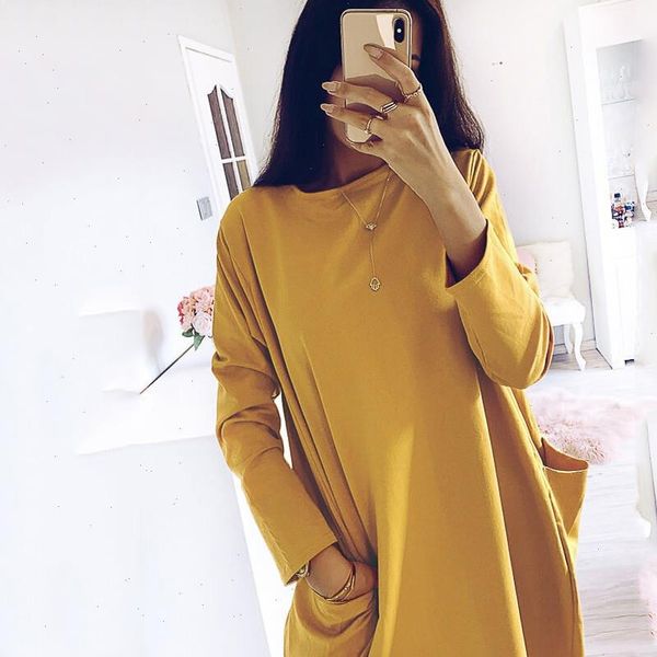

fall winter woman dress loose casual o neck solid color long sleeve dress fashion vintage oversize pockets dresses for women, Black;gray