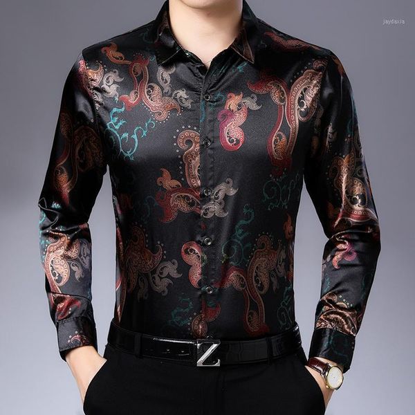 Mens Vintage Satin Camicie Baroque Camicie di seta Mens Anacardio Fiori Camicetta di lusso retrò Abbigliamento stampato floreale Grande taglia1