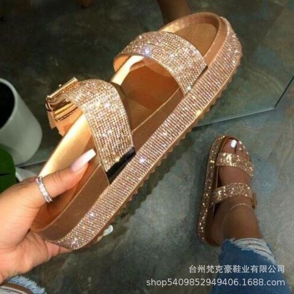 

gold silver shiny crystal platform slippers women plus size 43 buckle beach slides ladies summer 2021 flat heel sandals, Black