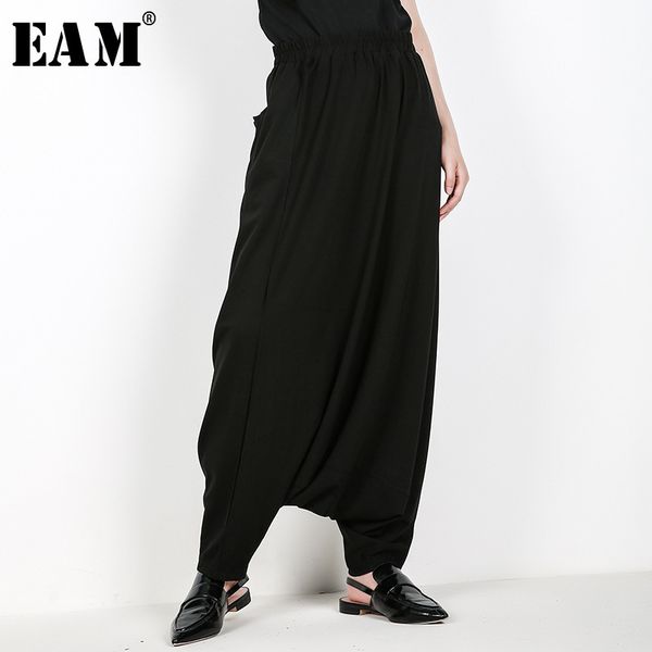 

eam] 2020 new spring high elastic waist brief black pocket leisure loose cross-pants women fashion tide all-match jf596 1017, Black;white