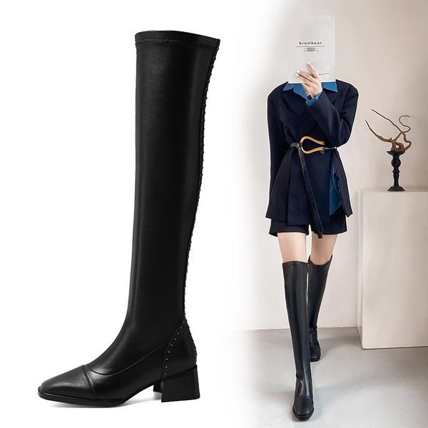 

black genuine leather women silm over the knee high boots winter riding boots zipper stretch rivets party shoes woman