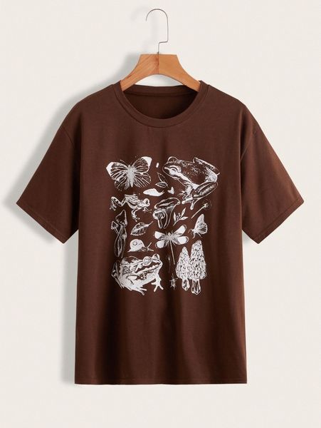 

mushroom and butterfly print short sleeve tee z6kk#, White