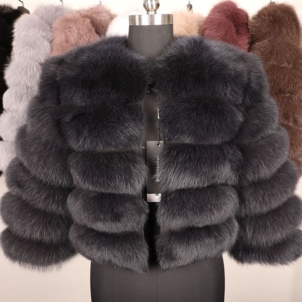 

women winter 50cm natural jacket fashion outwear real fox fur vest coat, Black