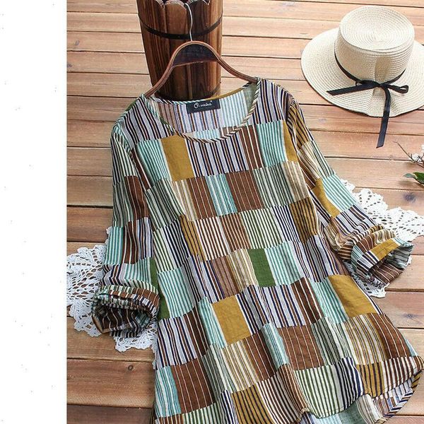 

womens long sleeve loose casual round neck color plaid shirt summer fashion shirt plus size l 5xl blue green 2021 trendy, White
