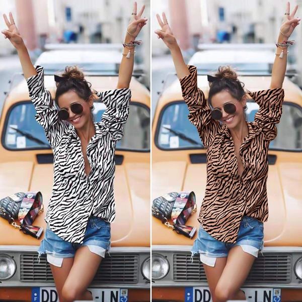 

2021 autumn loose fashion blouse women elegant leopard zebra striped turn-down neck long sleeve casual women blouses shirt, White