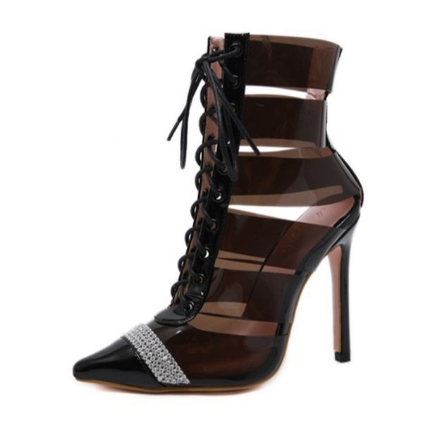 

2021 new glass glue hollow strass pointed to sandals women's shoes autumn model boots 8ej2, Black