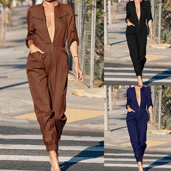 

women's playsuits long jumpsuits celmia 2020 autumn high waist female rompers casual long sleeve zipper loose solid pants, Black;white