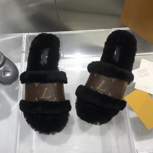 

new paris brands l lambswool slipper flowers women casual fur wool plush sliders lambskin sandals flat heel slippers luxurys designers shoes, Black