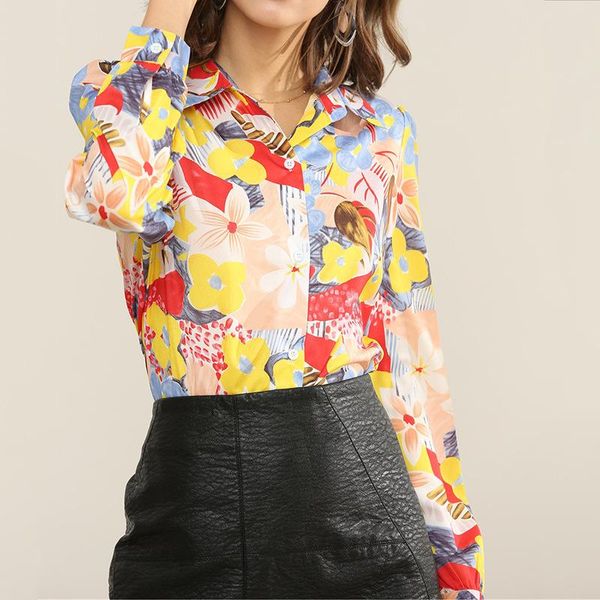 

women floral print shirt blouse fashion turn down collar long sleeve blouse casual female ladies shirts femme kg-910, White