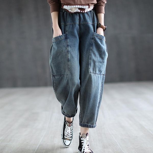 

johnature women casual denim pants pockets vintage trouser 2021 spring new harem pants for women clothing jeans, Blue