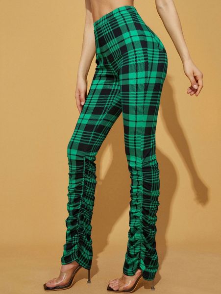

high waisted plaid print ruched pants n2nu#, Black;white