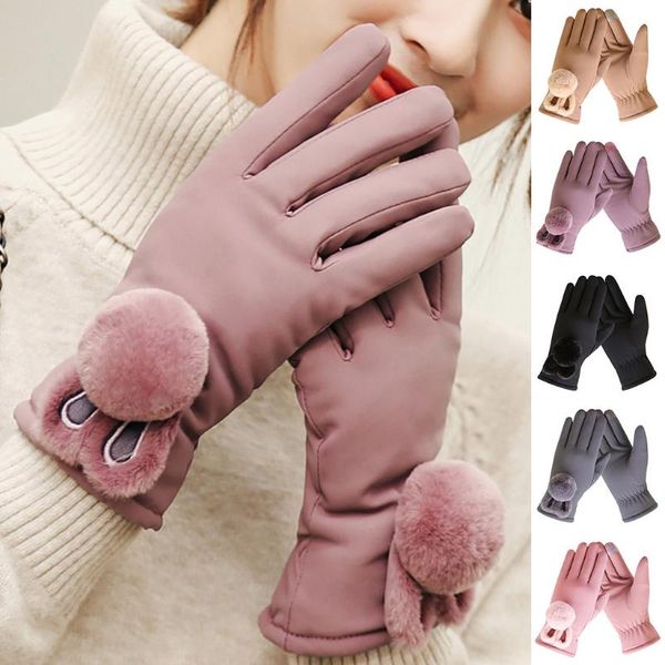 

five fingers gloves women cartoon winter cold and warm windproof outdoor cycling ski ears fur balls guantes tacticos 8.13, Blue;gray