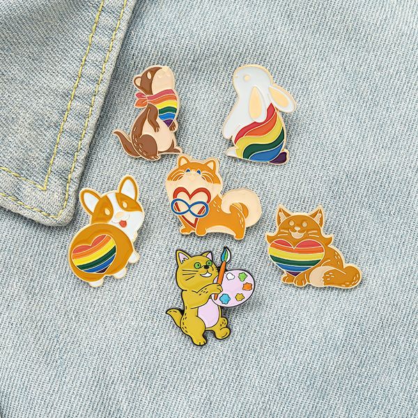 Regenbogen Niedliche Cartoon Tiere Emaille Pins Farben Beliebte Corgi Katze Kaninchen Eichhörnchen Broschen Geschenk Für Freunde Schmuck Frauen Kleidung