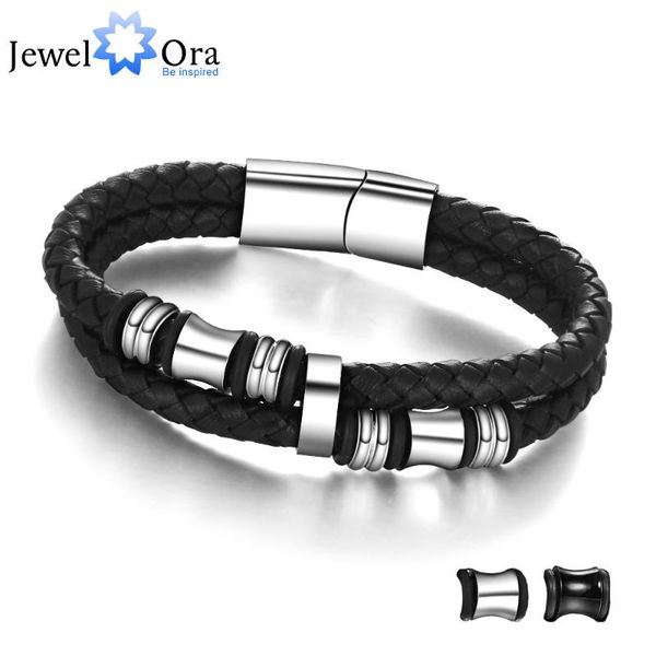 

stainless steel men bracelet genuine leather bracelets & bangles man jewelry father's day gift (jewelora ba101174, Black