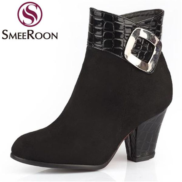 

boots smeeroon woman elegant office ankle round toe buckle winter high thick heels side zipper ladies women's shoes, Black