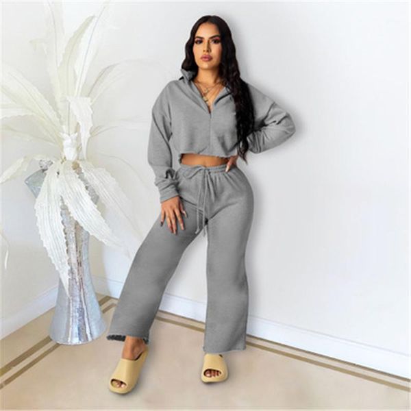 

short loose pant tracksuits female spring casual drawstring pants 2pcs suits womens solid color sets fashion trend long sleeve zipper, Gray