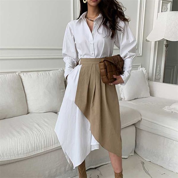 

[ewq] fall clothes two piece set female 2 outfits for women irregular shirt dress pleated korean fashion suit 211222, White;black