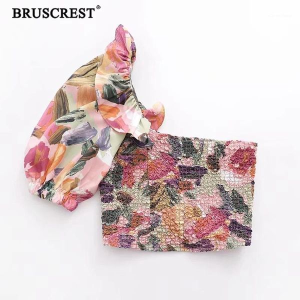 

vintage floral crop women shirt 2020 boho one off shoulder elegant ruffle summer blouse korean clothes blusas1, White