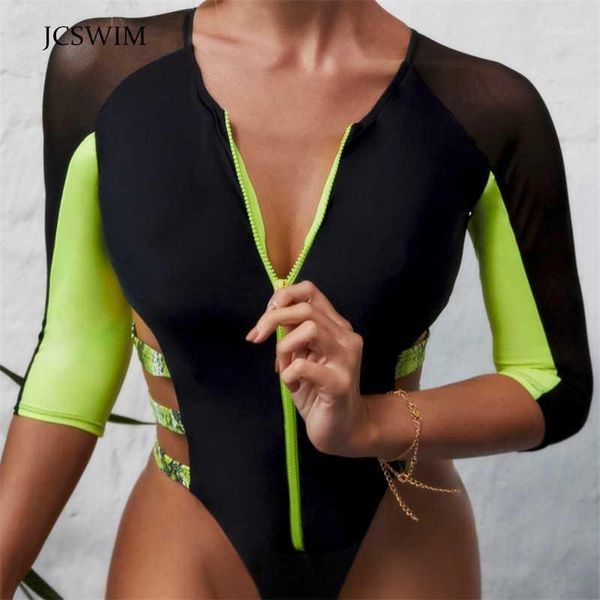 

bikinis set jcswim long sleeve mesh bikini mujer 2021 stitching color swimwear women one piece hollow out brazilian zipper swimsuit 1