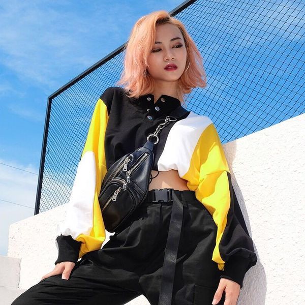 

custom women color block elastic drawcord cropped fleece sweatshirt direct factory