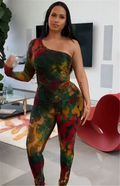 

gym clothing women tie dyeing printed trainning tracktsuit jumpsuits female one shoulder single sleeve fashion high waist playsuits, White;black