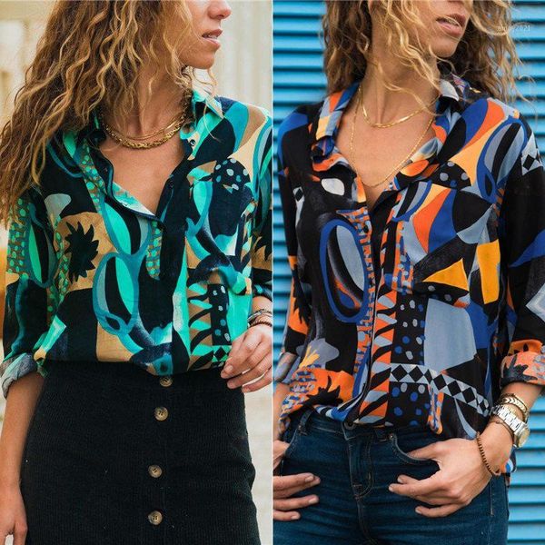 

women's blouses & shirts women's casual lapel collar long-sleeved printing single-breasted office work meeting shopping vocation b, White