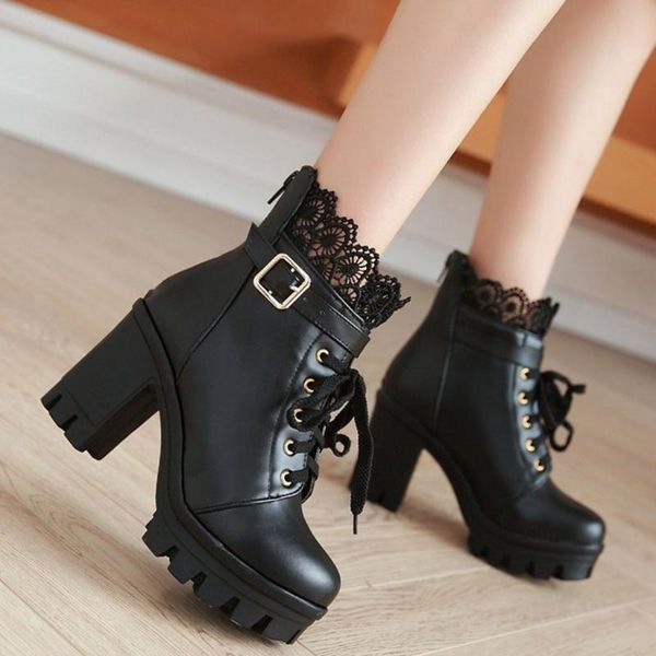 

plus-size ankle boot for women winter thick high heel lace up student shoes comfortable shallow mouth pointed women's boots#0817, Black