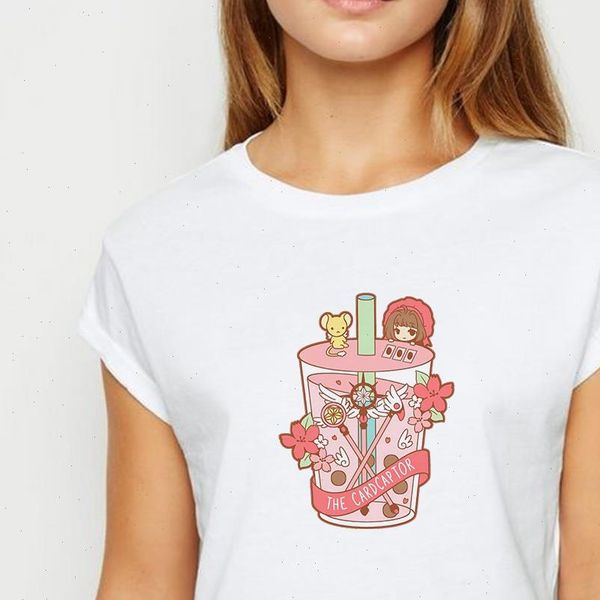 

new t shirt women the cardcaptor tea with milk tshirt spring summer colorful graphic vestidos round collar t shirts, White