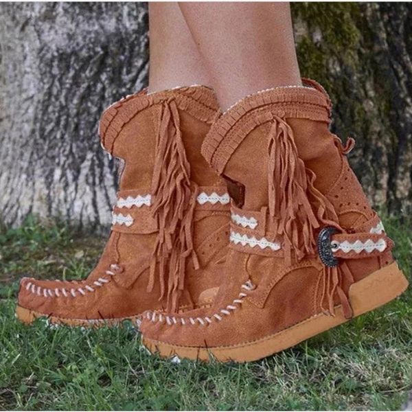 

women tassel ankle boots women's 2020 buckle strap flats woman slip on vintage ethnic short boots female shoes plus size 34-43, Black