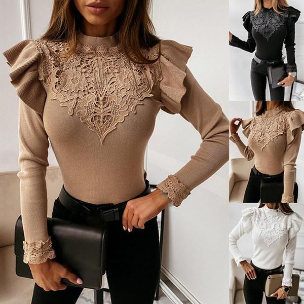 

women fashion autumn long sleeve ruffle lace patchwork blouses and shirts for ladies slim bottom, White