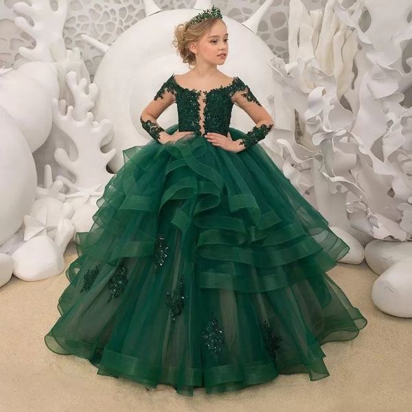

new green flower girl dresses for weddings lace sequins bow open back long sleeves girls pageant dress kids first holy communion gowns, White;blue