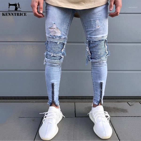

men's jeans kenntrice men ripped holes zip skinny biker blue patchwork pleated slim fit hip hop spring pants1