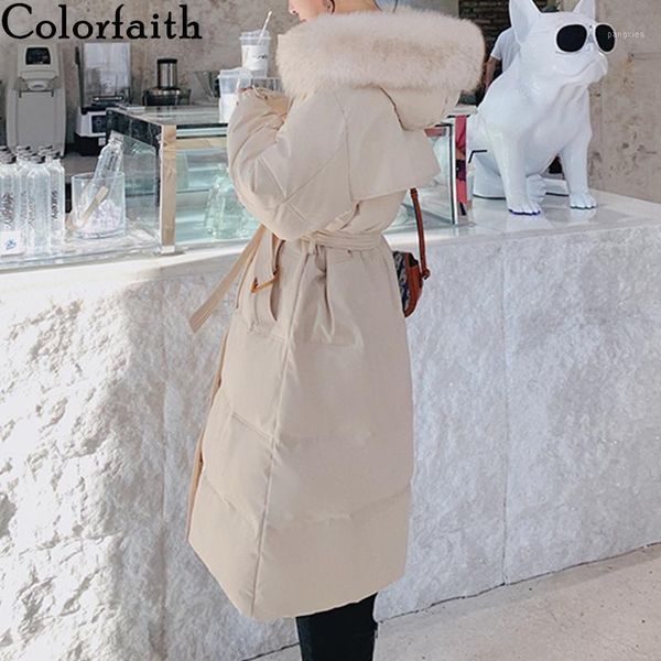 

colorfaith new 2020 autumn winter women jacket pockets womenswear puffer parkas high-quality lace up oversize long coat co8091, Black