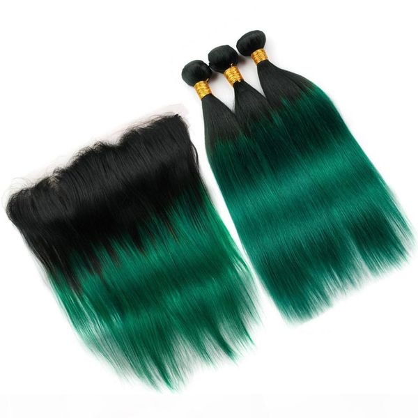 

virgin peruvian human hair dark green ombre weave bundles 3pcs with frontal closure #1b green ombre straight bundles with 13x4 lace frontal, Black;brown