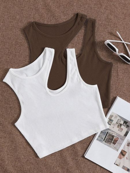 

2pcs solid asymmetrical neck tank 40ce#, White