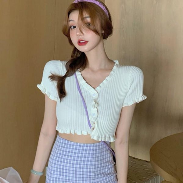 

women's t-shirt fashion v-neck button ruffled short section exposed navel knitted sleeved cardigan, White