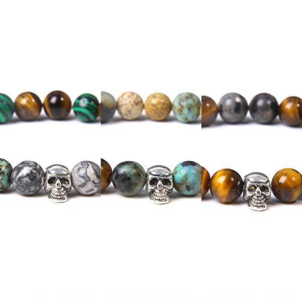 

new skull head alloy natural yellow tiger eye stone turquoise men's yoga gold braceletbracelet gold bracelet pvehp, Golden;silver