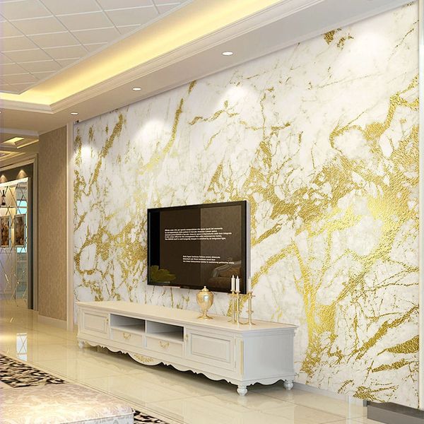 Europäischer Stil, Luxus-Tapete, 3D-goldene Streifen, weißer Marmor, Tapete, Wohnzimmer, TV, Sofa, Schlafzimmer, Hintergrund, Wandpapier, Fresko