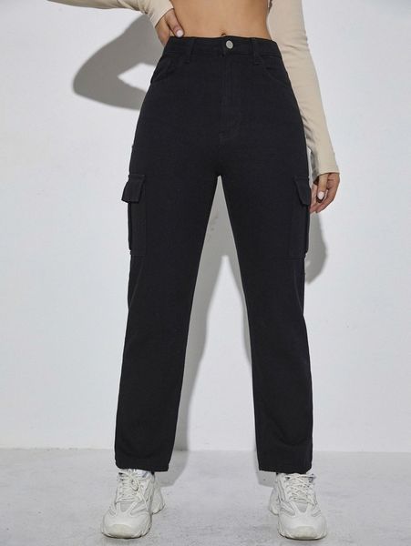 

high waist flap pocket pants e6hc#, Black;white