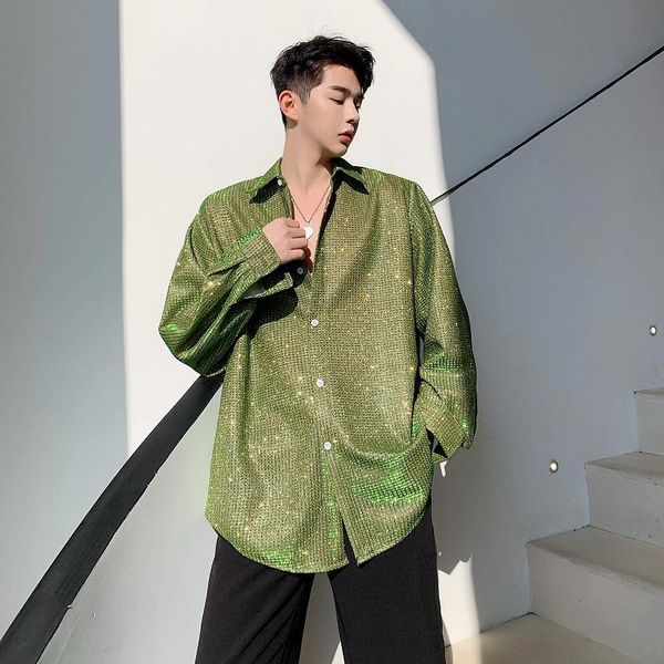 

men's casual shirts cool shiny woven long-sleeved loose shirt stage wear trendy nightclub dj trend spring and autumn, White;black