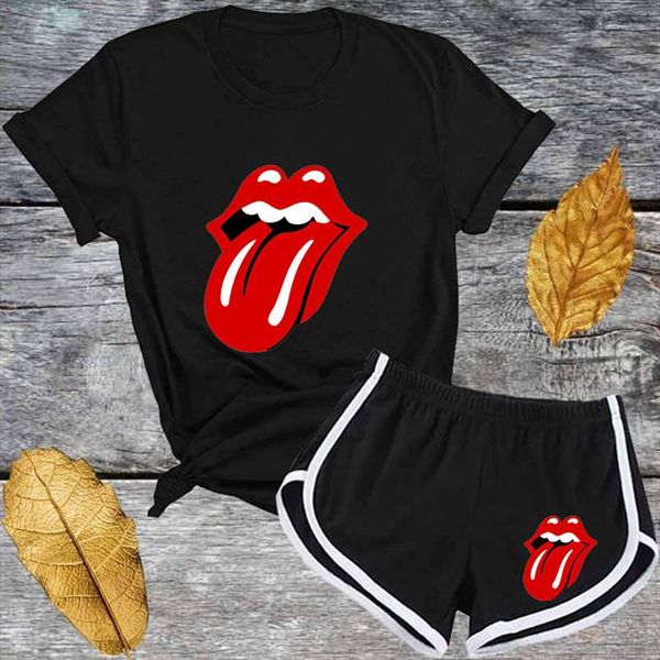 

red lips summer tracksuit set women short sleeve t shirt and shorts fashion casual 2 piece suits, Gray