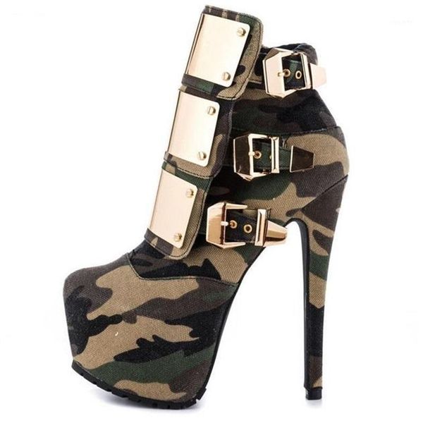

camouflage women ankle boots round toe metal decoration high platform ridding boot punk style lady night club shoes thin heels1, Black